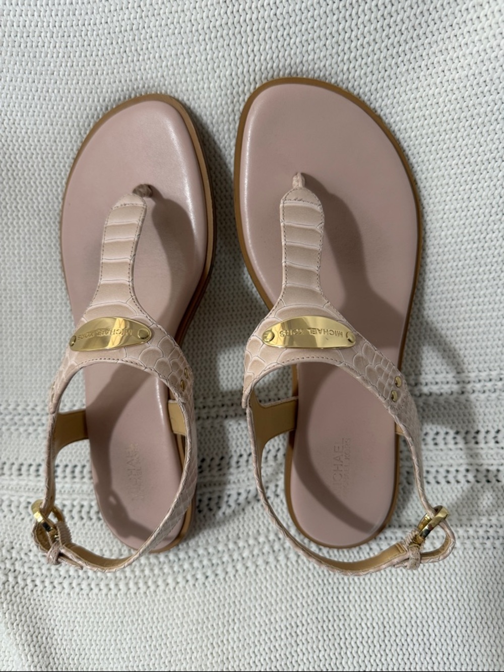 Michael Kors Light Blush Leather Thong Sandals with Gold Plaques
